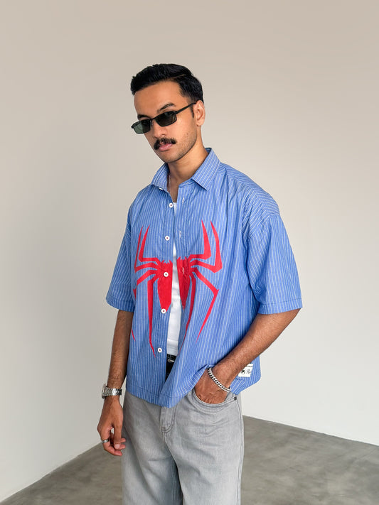 Pinstripe button-up ( spiderman )